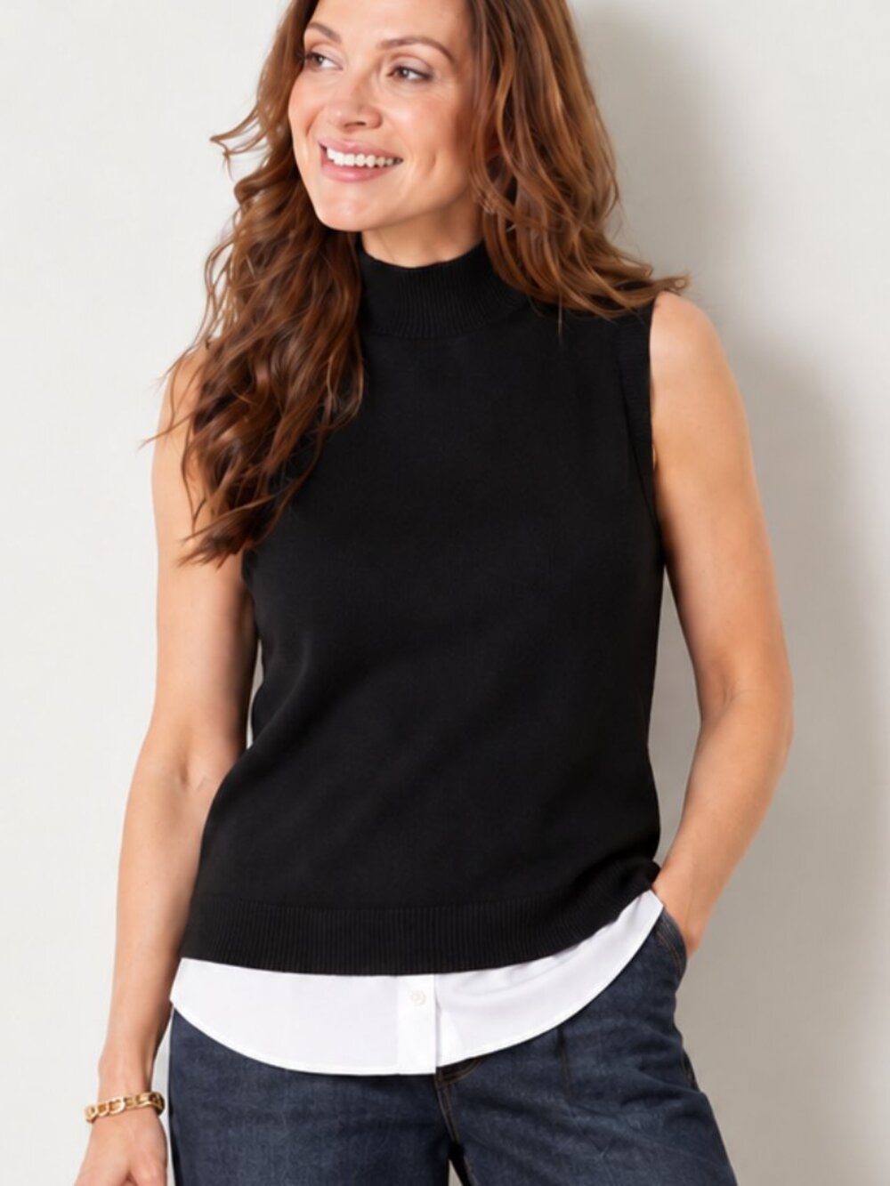 Isaac Mizrahi NEW Black Mock Neck 2fer Layered Sweater Shirt Vest SZ 1X Preppy